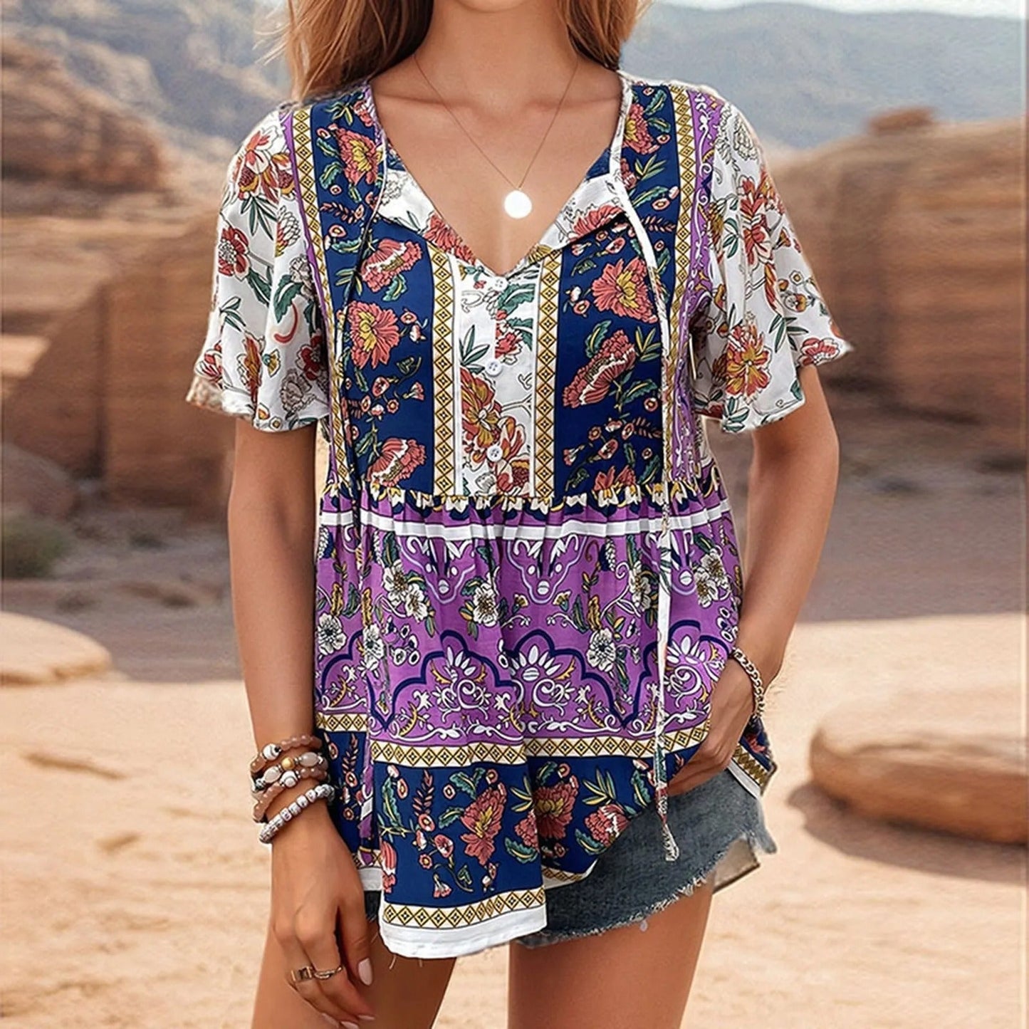 Anastasia - Bluse med boho-blomster